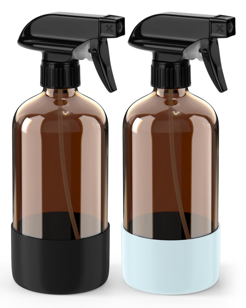 Bontip Glass Spray Bottle with Silicone Sleeve Protection, Amber Glass Spray Bottle Set for Window Cleaner Aromatherapy Facial Hydration Watering Flowers Hair Care 2 Pack/16 oz (Black & Blue, 16 oz) - Image 1